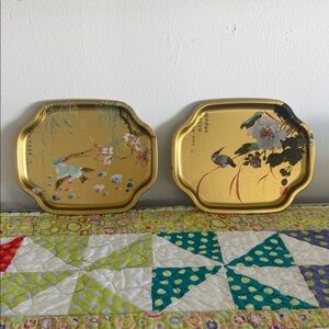 Vintage Floral and Bird Gold Decorative Trays, Elite Trays Made In England 7”x6”